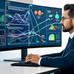 A focused male cybersecurity architect, mid-30s, dressed in a professional business suit and modest clothing. He is sitting at a modern desk, intently observing two large digital displays. One screen clearly shows a complex, static, and outdated traditional network diagram, resembling an old Visio chart with many disconnected boxes. The other screen displays a rapidly shifting, dynamic, and intricate cloud infrastructure visualization with energetic data flows, emphasizing its constant change and complexity. His expression conveys thoughtful concern or frustration, highlighting the challenge of static diagrams in a dynamic cloud world. The office environment is clean, contemporary, with subtle tech elements and natural light from a window. Professional photography, high-resolution, sharp focus, vibrant colors, perfect anatomy, correct proportions, natural pose, well-formed hands, proper finger count, natural body proportions, safe for work, appropriate content, fully clothed, professional.
