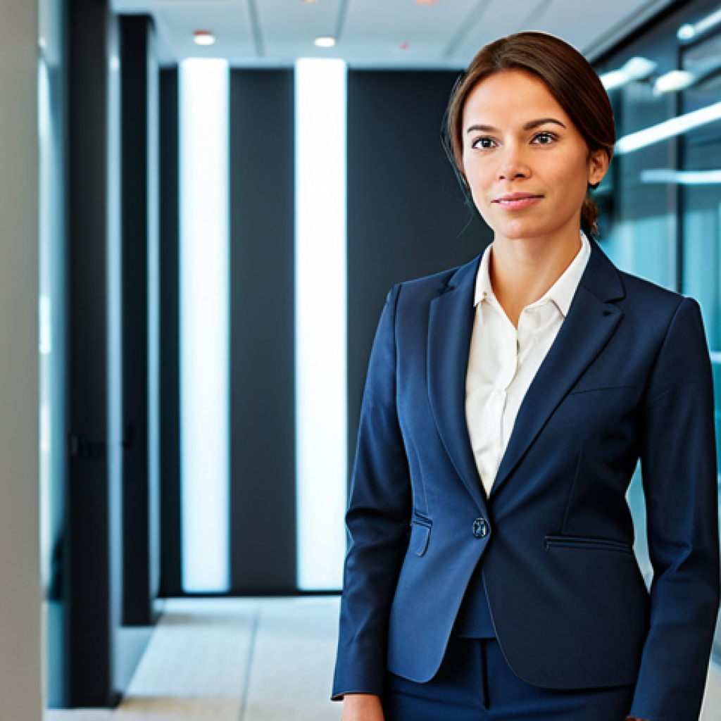 Professional Environment**
A professional businesswoman in a modest business suit, standing confidently in a modern office lobby, fully clothed, appropriate attire, safe for work, perfect anatomy, natural proportions, professional photography, high quality, bright lighting.
**