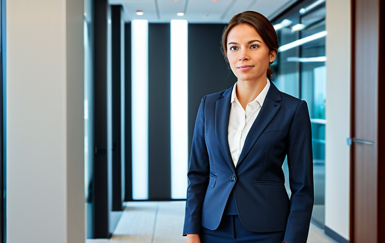 Professional Environment**

A professional businesswoman in a modest business suit, standing confidently in a modern office lobby, fully clothed, appropriate attire, safe for work, perfect anatomy, natural proportions, professional photography, high quality, bright lighting.

**